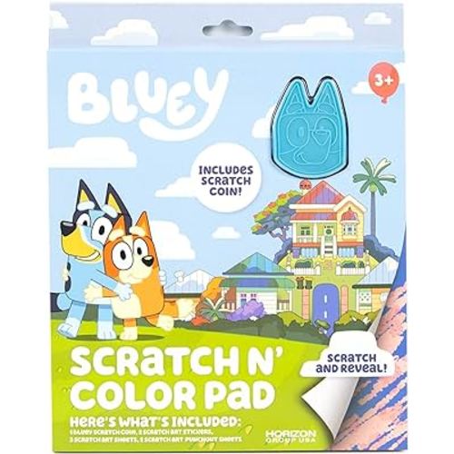 Bluey Scratch ‘n Color Pad, 9-Page Activity Coloring Book, Includes Scratch Art, Stickers for Kids, Bluey Toys, On the Go Activity Playset, Bluey Toys for Toddlers 1-3, Great Gift for Kids Ages 3 & Up