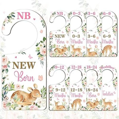 Woodland Baby Closet Dividers 8PCS Deer Themed Adorable Double-Sided Wooden Baby Clothes Dividers Size Hanger Organizer from Newborn to Toddler for Nursery Decors Boys Girls Baby Shower Birthday Gift