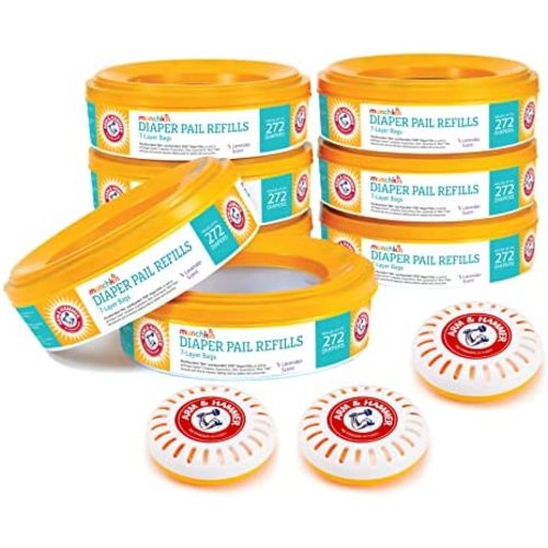 Munchkin Arm & Hammer Diaper Pail Refill Rings, 2,176 Count, 8pk (272 Count each) and 3pk Puck Baking Soda Cartridge