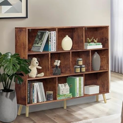 CAPHAUS 10 Cube 3 Tier Mid Century Bookshelf, 55” Wide Wooden Cube Storage Organizer with Legs, Open Shelf Bookcase, Modern Shelving for Living Room, Bedroom, Office, Rustic Oak