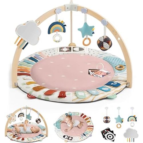 Blissful Diary Baby Play Gym & Activity Mat, 5 Developmental Zones Wooden Tummy Time Mat with 6 Detachable Sensory Toys for Motor Skills & Sensory Development, Baby Essentials Shower Gift, Pink