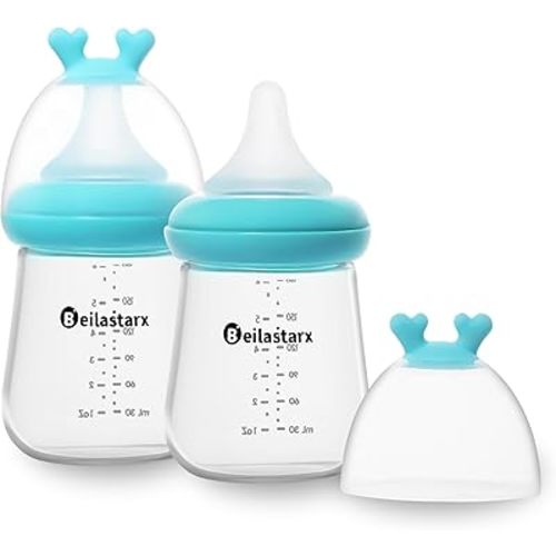 Glass Baby Bottles with Natural Response Nipple Size S - Anti Colic Baby Bottles Wide Neck Slow Flow Baby Bottle (Blue, 6oz (Pack of 2))