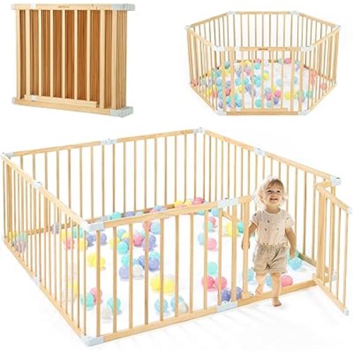 Wooden Baby Playpen with Door, Changeable & Expandable Baby Play Fence for Toddlers, Large Wood Playpen Safety Baby Gate Playard, Safe Play Area Kids Activity Center Indoor Outdoor(26" Tall, 8-Panel)