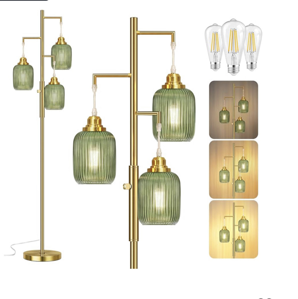 ROTTOGOON Dimmable Gold Floor Lamp for Living Room- 3 Light Green Glass Floor Lamps, Vintage Brass Tree Floor Lamps with 3X 6W LED Bulbs, Modern Standing Tall Lamp for Bedroom, 68", Gold & Green Glass