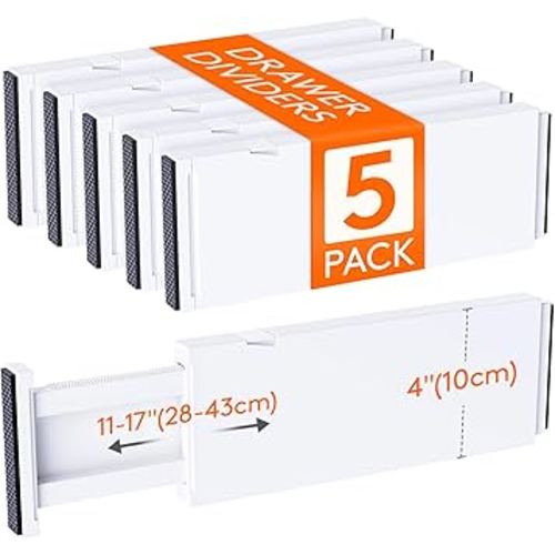 Lifewit 5 Pack Drawer Dividers 4" High, 11-17" Adjustable Dresser Drawer Organizers for Clothes, Expandable Drawer Separators in Kitchen/Bedroom/Bathroom/Vanity/Office Organization and Storage, White