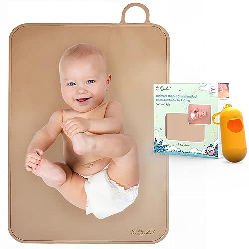 Silicone Diaper Changing Pad for Baby with Plastic Diaper Bag Dispenser and Bags- Best Baby Changing Mat by K.O.L.I