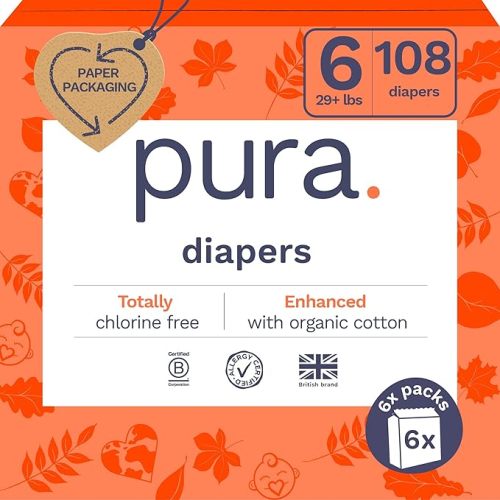Pura Hypoallergenic Diapers Size 2 (7-13 lbs) Monthly Pack, Totally Chlorine Free, Wetness Indicator, Suitable for Sensitive Skin, Soft Organic Cotton Comfort, Overnight, 6 Packs of 29 (174 Diapers)