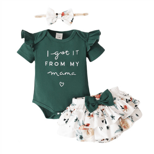 PatPat Baby Girl 3-Piece 95% Cotton Short-Sleeve Letter Print Romper & Floral Print Layered Ruffled Shorts & Headband Set, 0-18 Months - Green