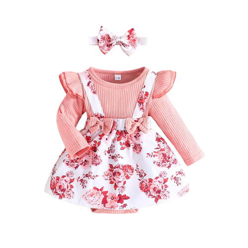FEORJGP Toddler Baby Girl One-piece Romper Dress 0-18M Infant Long Sleeve Bodysuits Floral Print Patchwork Crew Neck Jumpsuits with Bow Headband Kids hion Cute Casual Clothes for Spring Fall