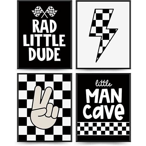 PLKMN Rad Little Dude Prints Set of 4,Preppy Peace Hand Lightning Sign Racing flag Poster Prints,Retro Black Buffalo Plaid Decor,Little Man Cave Wall Art Prints,8x10 Inch (Unframed)