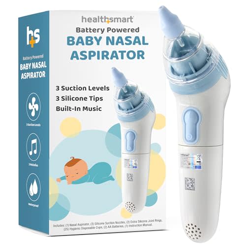 HealthSmart Nasal Aspirator for Baby – Perfect Gift for Moms & Baby Registry -3 Suction Levels, 3 Silicone Tips, Ergonomic Electric Nose Sucker with Built-in Nursery Rhymes