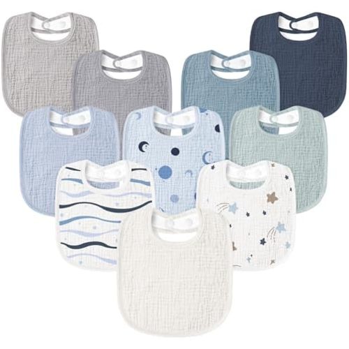Susurration Muslin Baby Drool Bibs 10Pack Soft Square Adjustable Bandana Bibs for Unisex Baby Girls & Boys