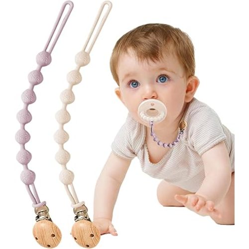 BebeCalin Silicone Dummy Clip - 2 Pcs Dummy Clip Boys Girls - Pacifier Clips and Dummy Holder - Soother Chains - One-Piece Design (Cream Whtite+Purple)