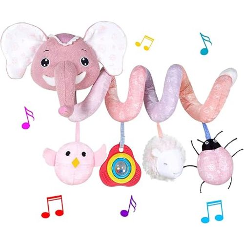 Car Seat Toys, Infant Baby Elephant Fox Spiral Plush Activity Hanging Toys for Car Seat Stroller Bar Crib Bassinet Mobile with Music Box BB Squeaker and Rattles (Pink Elephant) - Pink Elephant-1