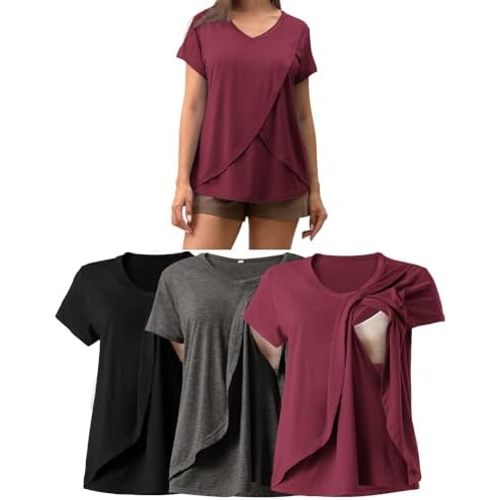 Rnxrbb V Neck Nursing Tops for Breastfeeding Tshirts Summer Postpartum Clothes Sets Short Sleeve 3 Pack Double Layer