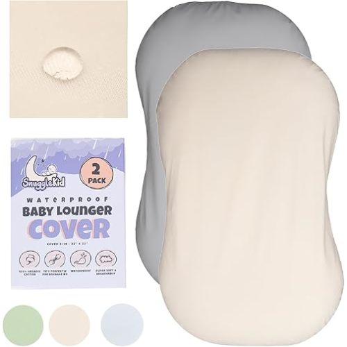 100% Waterproof Baby Lounger Cover - 2-Ply Organic Cotton Slipcovers Keep Your Lounger Clean & Your Baby Comfy - Machine Washable - (Lounger Not Included) - 2-Pack Includes Gray & Off-White