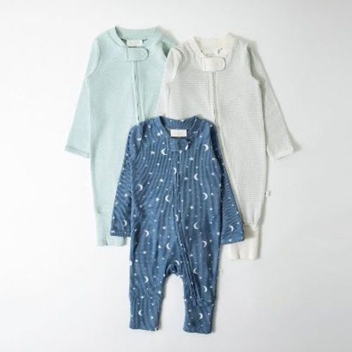 Picolette by Olivia Culpo Baby Boys' 3pk Long Sleeve Pajama Romper fold over footie cuff - Blue 0-3M