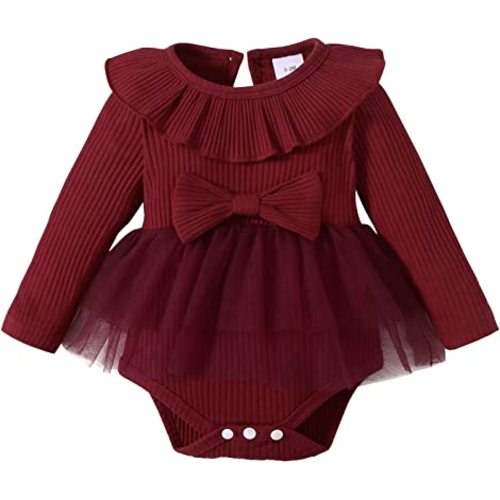 OPAWO Newborn Baby Girl Dress Long Sleeve Onesie Bodysuit for Infant Girl Ribbed Romper Dress with Tulle Skirt 0-18 Months
