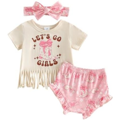 Western Baby Girl Clothes Summer Short Sleeve Letter Tassel T Shirt Romper Bloomer Shorts Set Infant Country Outfit