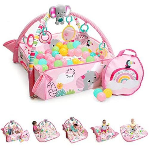 Bright Starts 5-in-1 Your Way Ball Play Baby Activity Play Gym & Ball Pit, includes 7 toys, Newborn to Toddler - Rainbow Tropics (Pink)