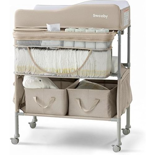 Sweeby Portable Baby Changing Table, Foldable Diaper Changing Station with Waterproof Pad, Mobile Nursery Organizer for Infant & Newborn Essentials, Oat