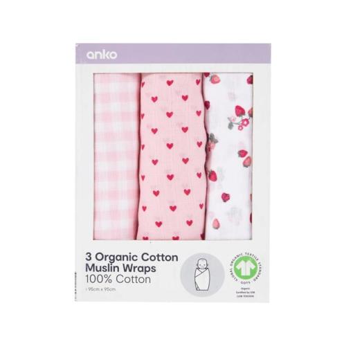 3 Pack Organic Cotton Muslin Wraps - Berry