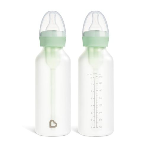 Munchkin Bond Silicone Coated Glass Baby Bottles - Anti-Colic Feeding System with Natural Feel Nipples, 8 Ounce, 2 Pack, Green
