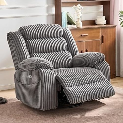 Extra Wide Rocker Power Recliner Chair 270° Swivel with Heat Massage - USB & Type C Charging Port - Velvet Swivel Reclining Chair for Living Room Bedroom Office (Grey Velvet)