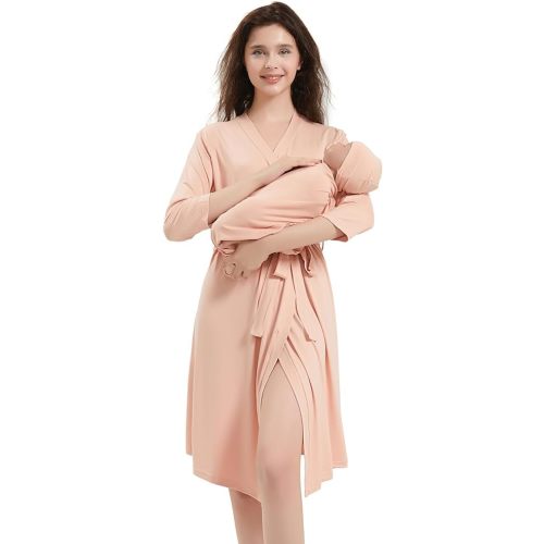 Galabloomer Maternity Robe and Baby Receiving Blanket, Matching Mommy Labor Delivery Robe and Swaddle Set (m, pink sand)