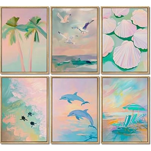 OGVXCJ A 6Pcs Pastel Coastal Wall Art Prints Beachy Palm Tree Seashells Pictures Wall Decor Preppy Aesthetics Posters for Girly Bedroom Bathroom Home Decoration