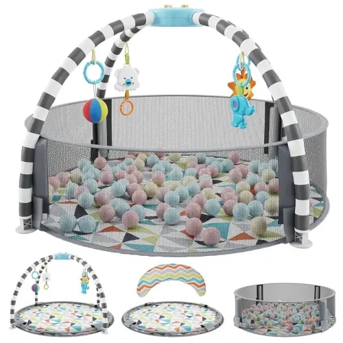5 in 1 Baby Play Gym and Ball Pit -Playgym with 6 Toys, Balls, Tummy Pillow, Tummy Time Play Mat - Easy to Set Up Baby Activity Mat - Gym Ball Pit - Infant Playmats for Boy & Girls