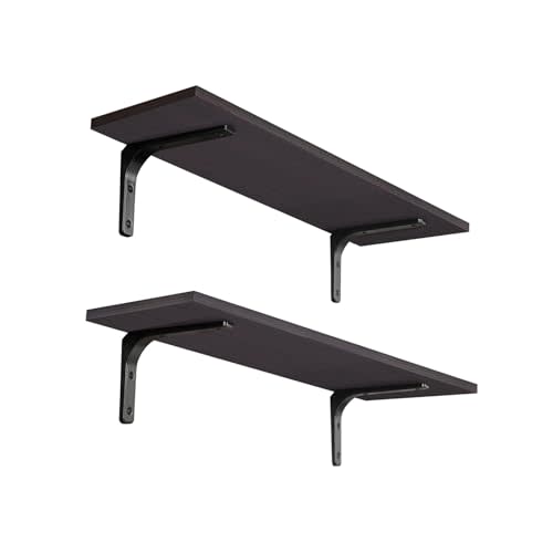 DINZI LVJ Long Wall Shelves, 23.6 Inch Wall Mounted Shelves Set of 2, Easy-to-Install, Wall Storage Ledges with Sturdy Metal Brackets for Living Room, Bathroom, Bedroom, Kitchen, Espresso