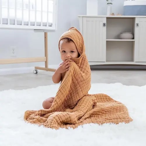 Comfy Cubs 2 Pack Baby Hooded 9 Layer Muslin Cotton Towel for Kids, Large 32” x 32”, Ultra Soft, Warm, and Absorbent Baby Essentials Bath Towels, Cute Unisex Cover for Girls and Boys (2 Pack, Caramel)