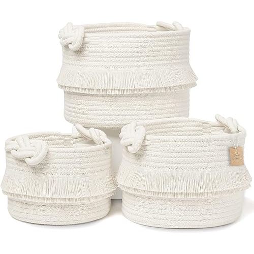 NaturalCozy 3-Piece Decorative Storage Basket Set – Cotton Rope Woven Baskets for Organizing! Small Storage Bins for Nursery Baby Stuff, Gift, Montessori, Dog Toy Bin, Cat Toys, Bathroom Shelves