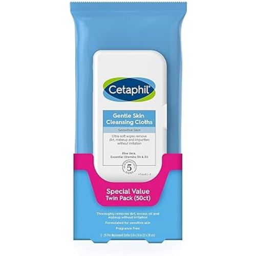 Cetaphil Face and Body Wipes, Gentle Skin Cleansing Cloths, Mother's Day Gifts, 25 Count (Pack of 2), for Dry, Sensitive Skin, Flip Top Closure, Hypoallergenic, Fragrance Free