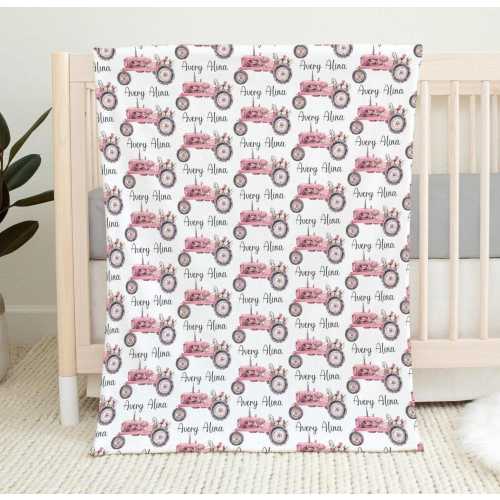 Baby Girl Pink Tractor Blanket, Personalized Tractor Baby Blanket, Girl Farm Blanket, Pink Floral Tractor, Baby Name Blanket, Gray Sherpa