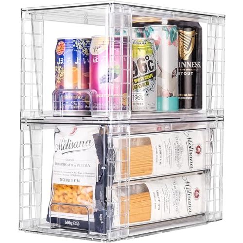 2Pack Large Stackable Kitchen Storage Drawers, Clear Foods Organizer Bins with Handles, Easily Assemble for Bathroom, Kitchen, Pantry, Cabinet, Closet(XL-Down Handle)