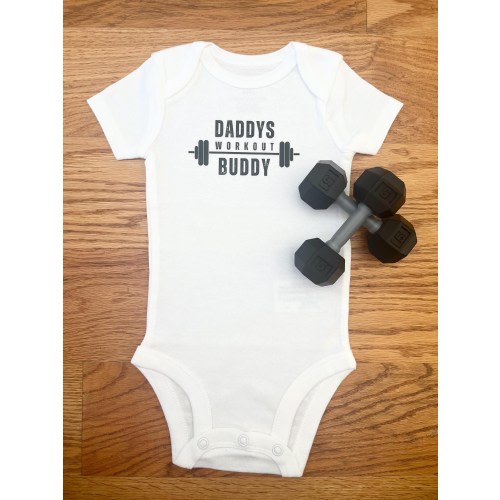 Set of "Daddys Workout Buddy" Infant Bodysuit and 2 Dumbbell Rattles. Great gift for exercise enthusiasts and baby showers!