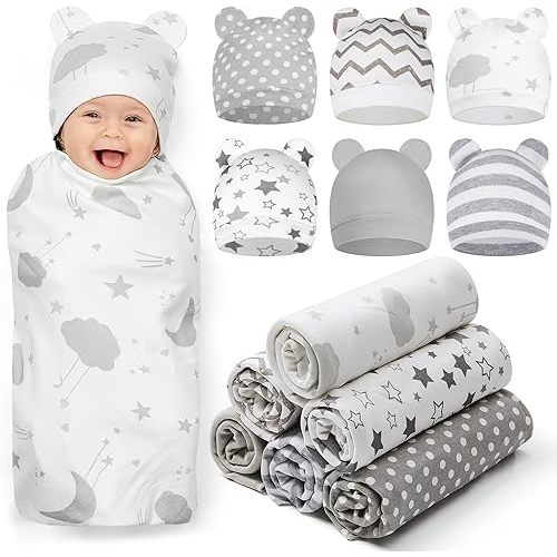 Ramede 6 Set Baby Swaddle Blanket and Hat, 100% Cotton Newborn Receiving Blanket Wrap with Headband, 31.5" Soft, Breathable for Girl Boy Nursery Sleep Cradle Sheet Breastfeed Cover(Star,Grey)