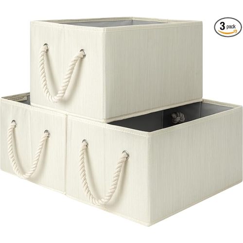StorageWorks Storage Baskets for Shelves, Foldable Fabric Closet Storage Bins with Handles, Fabric Storage Bins Clothes Organizer, Beige, White & Ivory, 3-Pack, Large