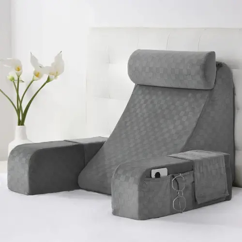Vekkia Reading Pillow,Back Pillow for Bed Sitting Up Adult,Back Support Pillow with Arm Rest and Pockets,New Rest Chair Pillow for Bed Floor Reading,Gaming,Relaxing or Watching TV -19in Grey