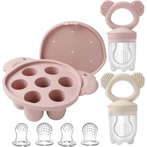 Baby Breastmilk Popsicle Molds & Baby Fruit Feeder, Baby Food Freezer Tray Storage Containers, Silicone Pacifier Feeder for Teething Relief, Include 3 Sizes Food Pouches(Rose Pink)