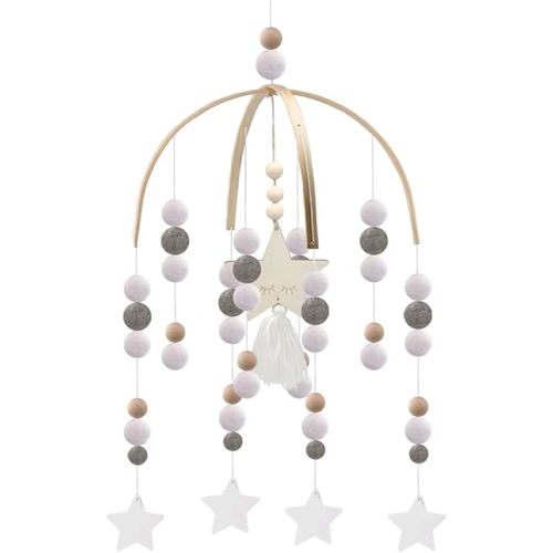 Mobile for Crib,Neutral Baby Crib Mobile Nursery Cot Mobile, Handmade Wooden Bead Bed Felt Baby Ceiling Mobiles,Boho Crib Mobile,Baby Nursery Mobile for Kids Room Nursery Decor（Gray-Star）