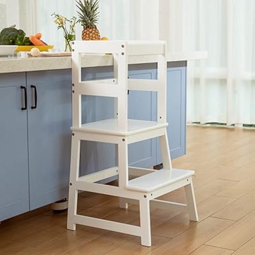 Kitchen Step Stool for Kids with Safety Rail,Solid Wood Construction Toddler Learning Stool, Montessori Toddlers Kitchen Stool Tower (White)