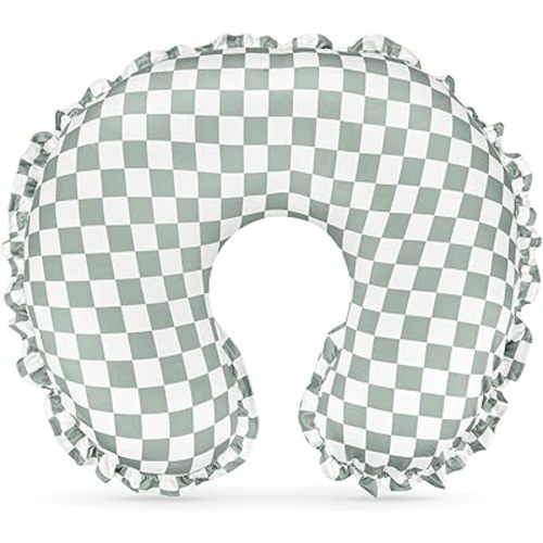 DILIMI Nursing Pillow Cover, Removable Ruffled Pillowcase for Breastfeeding Pillows, Ultra Soft Comfortable Slipcover for Baby Girl and Boy, Green Gingham
