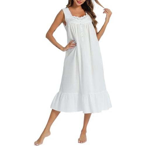 AVIIER 100% Cotton Nightgowns for Women Sleeveless Sleep Dress Ladies Gowns Sleepwear with Pockets