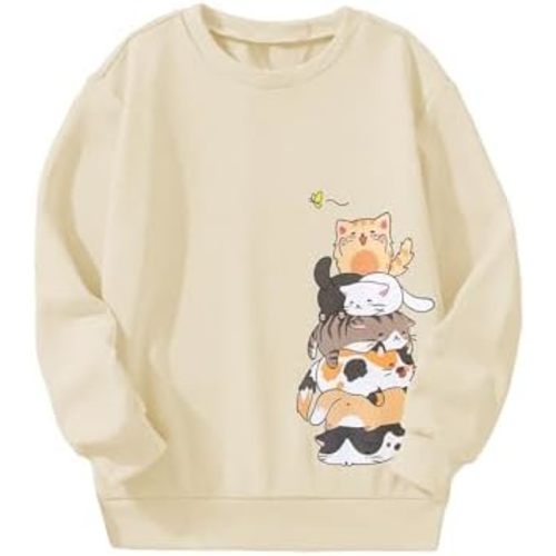 Girl's Cartoon Graphic Long Sleeve Crewneck Sweatshirts Drop Shoulder Cute Pullover Tops T Shirt