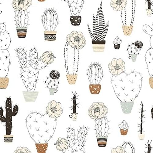 Black and White Cactus Peel and Stick Wallpaper, 17.71in X 236.2in Self Adhesive Removable WallPaper Beige Florals Contact Paper Waterproof Decorative Wallpaper Vinyl Wallpaper for Bedroom Nursery