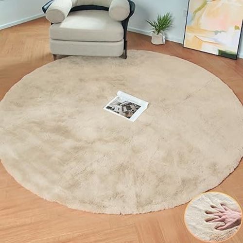 Light Brown Beige Washable Shaggy Round Rug 5ft Faux Rabbit Fur Rugs for Living Room Circle Nursery Rug for Bedroom Girl Room Décor