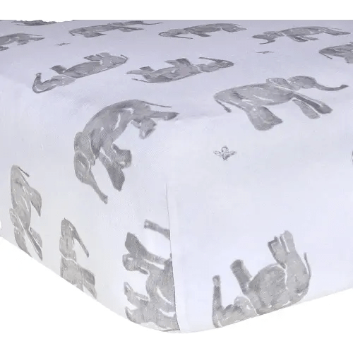 Burt's Bees Baby Print Fitted Crib Sheet Organic Cotton BEESNUG - Grey Wandering Elephants Animal Prints, Fits Unisex Standard Bed and Toddler Mattress, Infant Essentials, 52 x 28 Inch 1-Pack